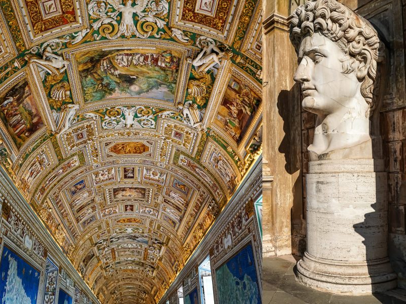 caesar augustus head statue near paintings on walls and ceiling in gallery of maps at vatican museum