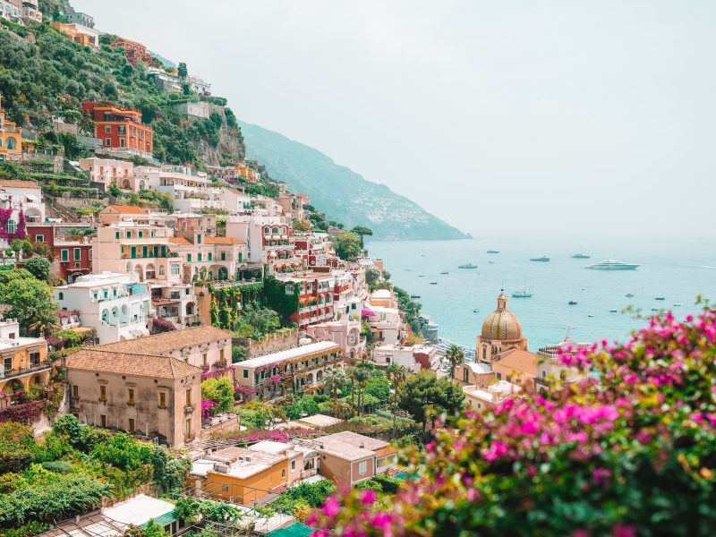 View of the town of Positano with flowers